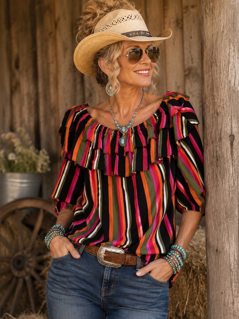 Riley & Rae Multicolor Striped Ruffle Off Shoulder Blouse Size M